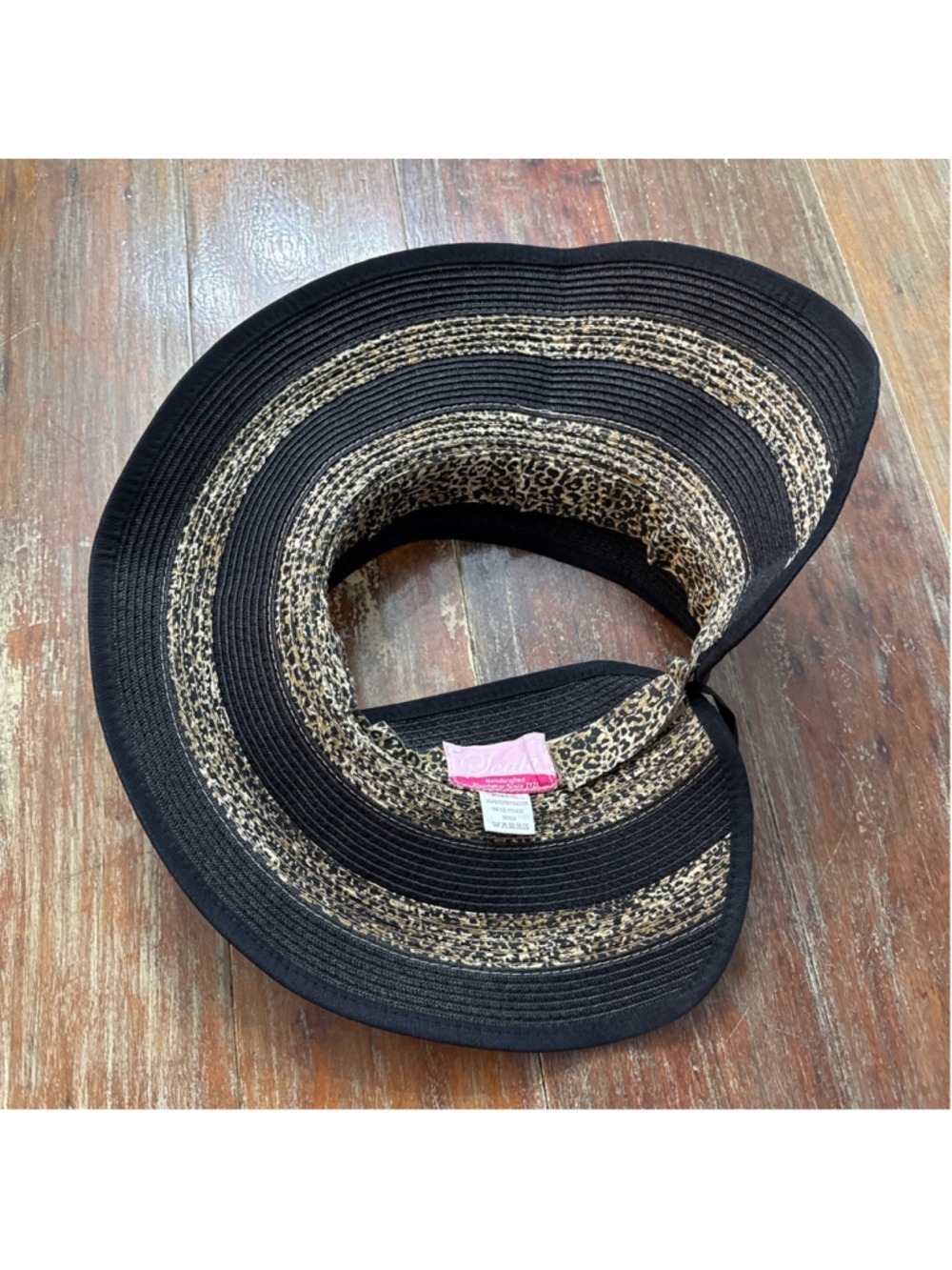 Scala Handcrafted Leopard Print Straw Sun Visor Wide Brim Black One Size - Picture 8 of 9